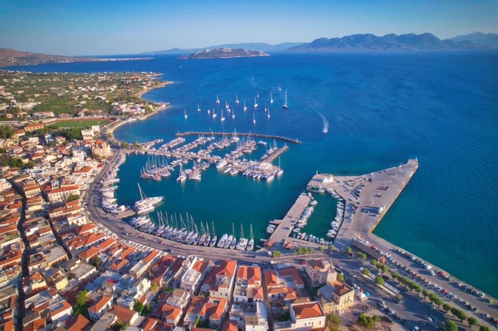 Aerial view of Aegina town and marina