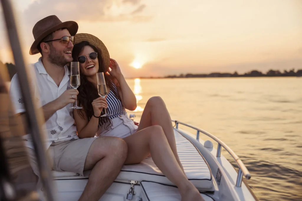 Couple enjoying the sunset on a yacht in Greece