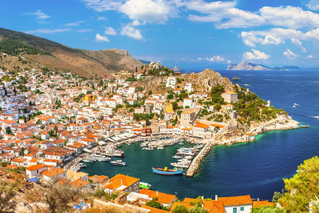 Hydra harbour and stone houses on the hillside