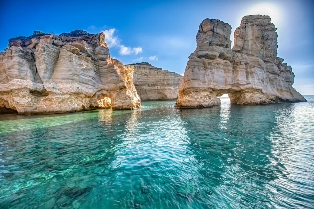 White rock arches and clear water at Kleftiko, Milos