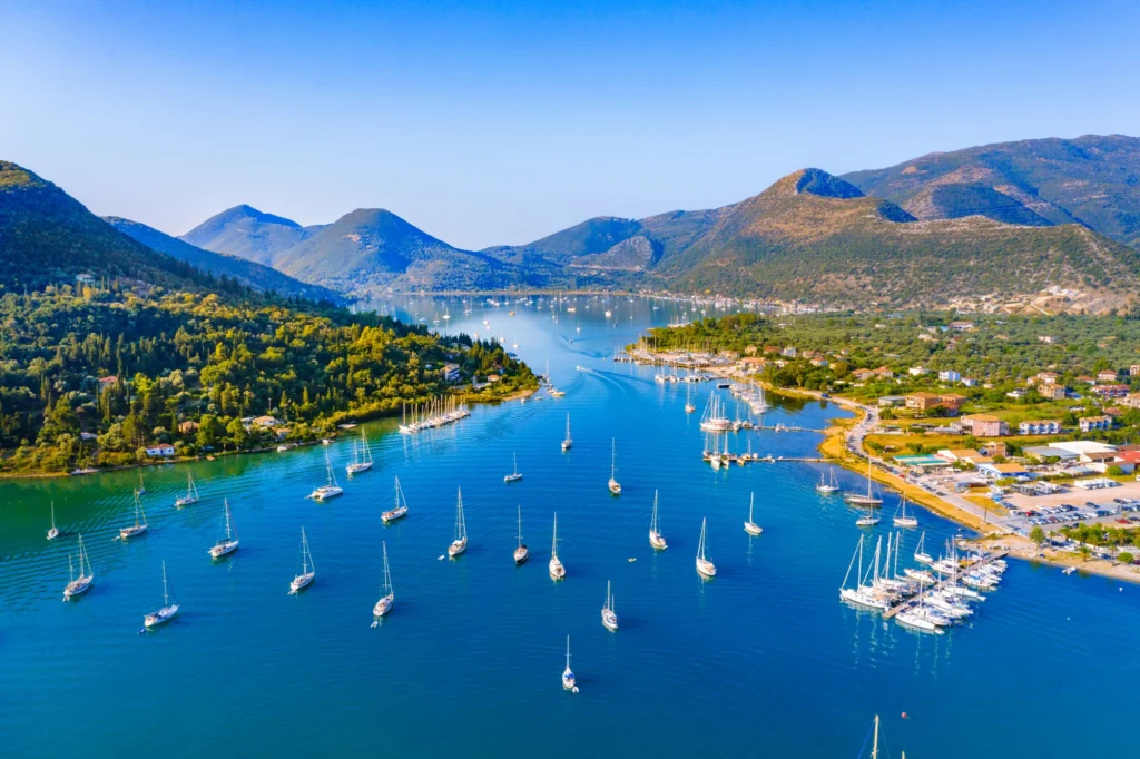 Aerial view of a green bay near Lefkada, Ionian Sea