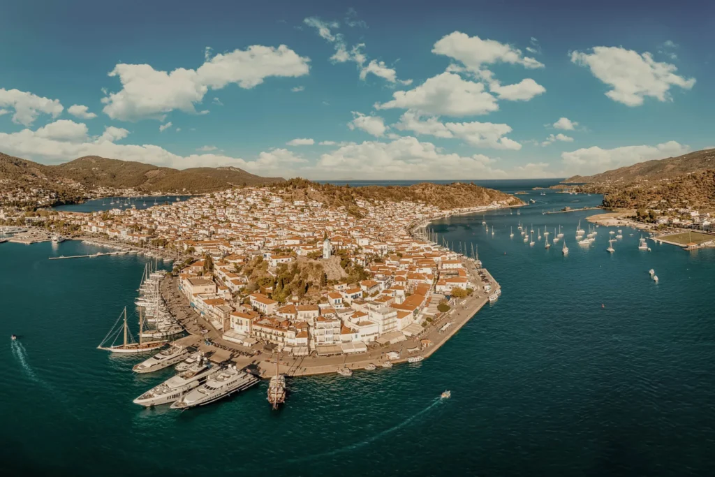 Aerial view of Poros town and harbour