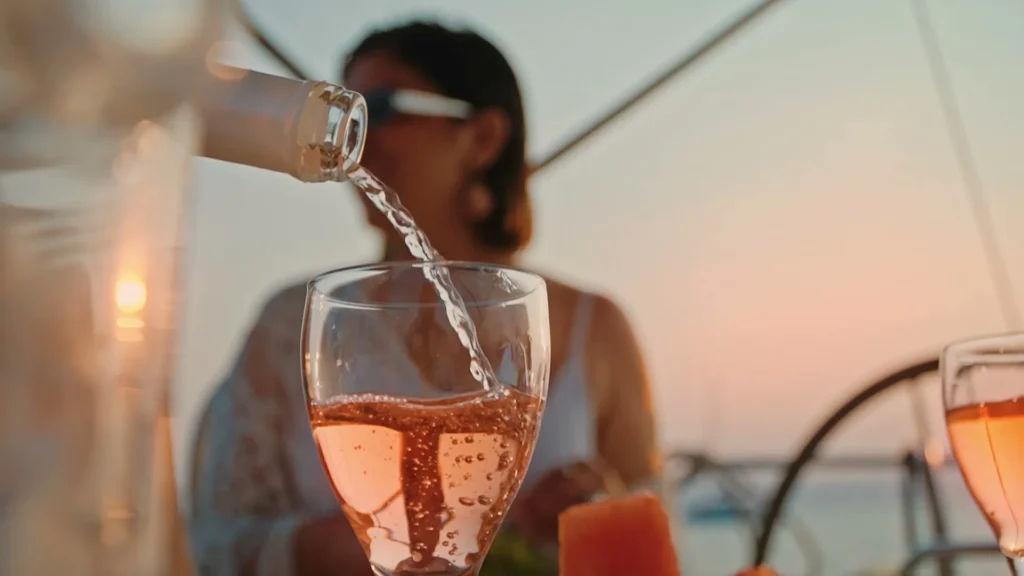 Two glasses of wine at sunset on deck