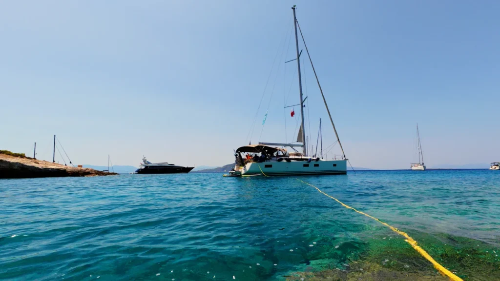 Private sailing yacht at anchor off Moni island in the Saronic Gulf