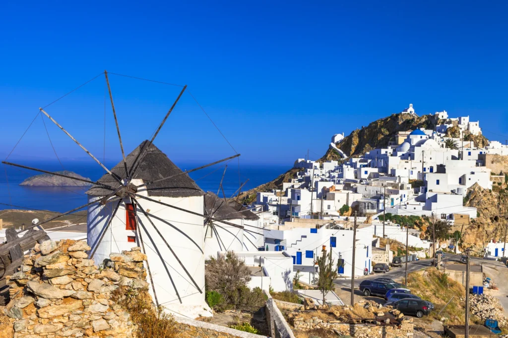 Windmill and white Chora of Serifos in the Cyclades