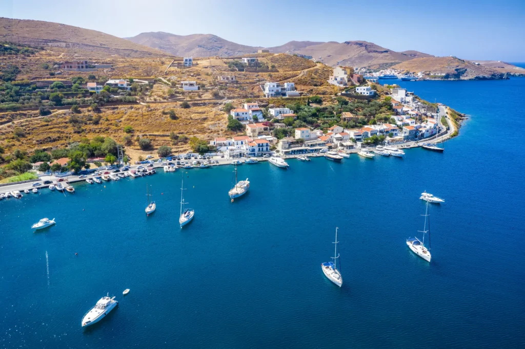 Vourkari harbour on Kea with anchored yachts