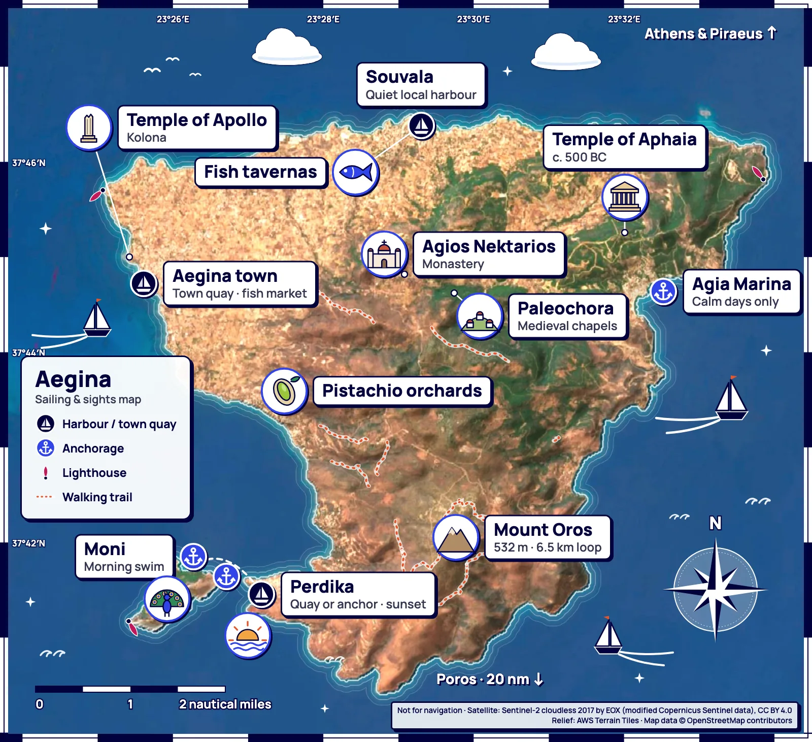 Illustrated satellite map of Aegina with harbours, anchorages, sights and walking trails