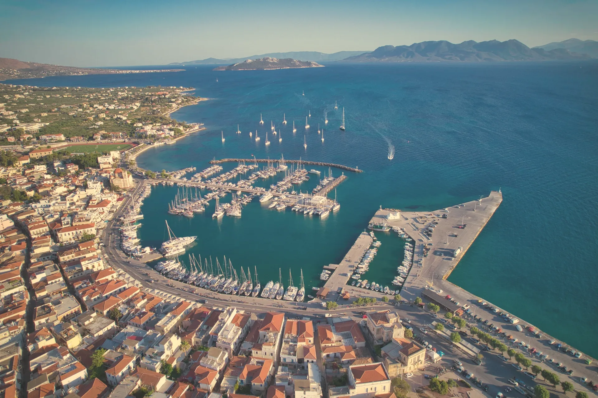 Aerial view of Aegina town and marina