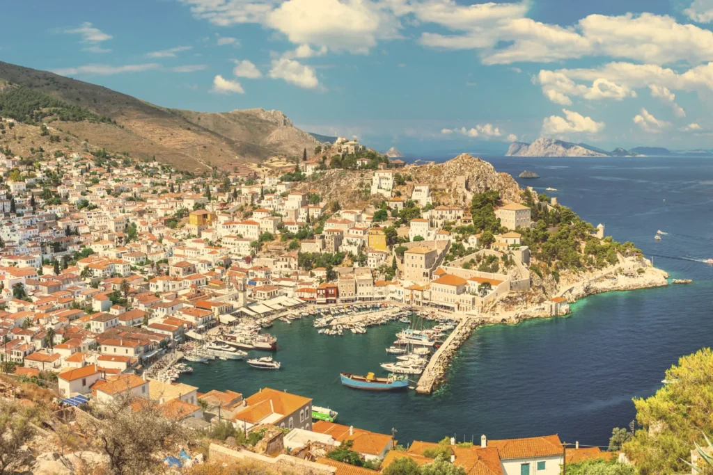 Hydra harbour and stone houses on the hillside