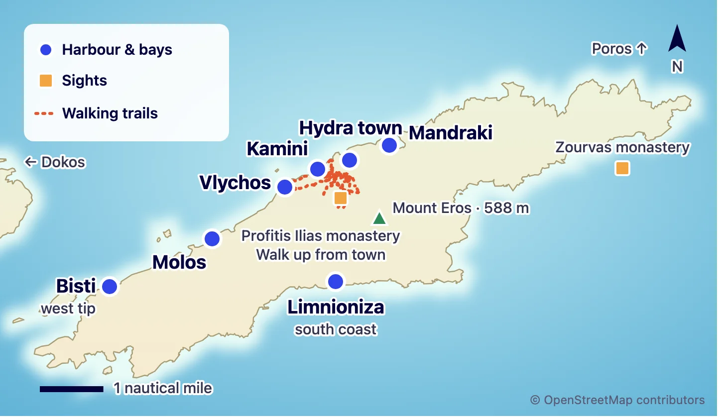 Map of Hydra with the harbour, anchorages, sights and walking trails
