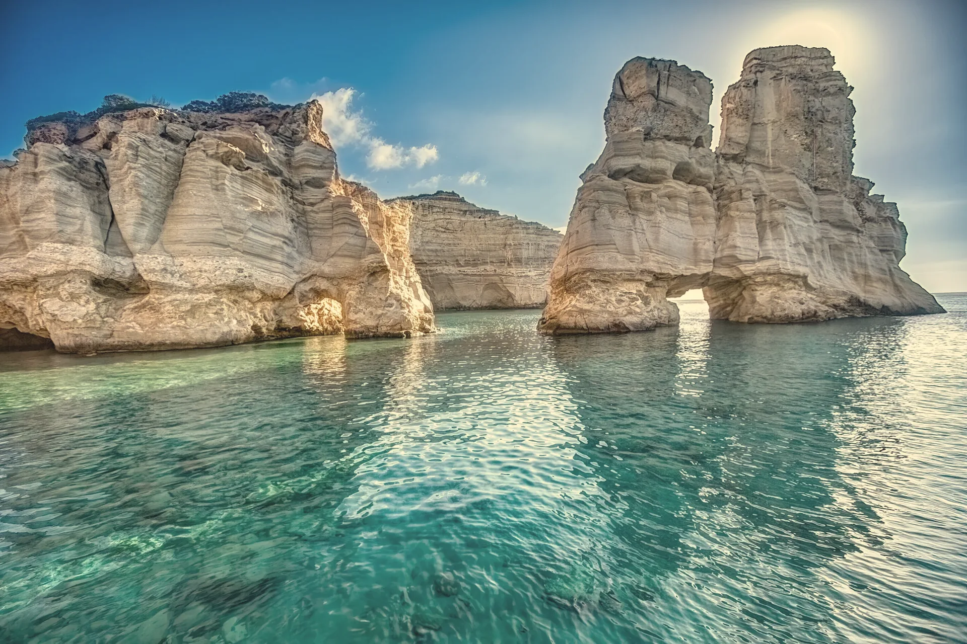 White rock arches and clear water at Kleftiko, Milos