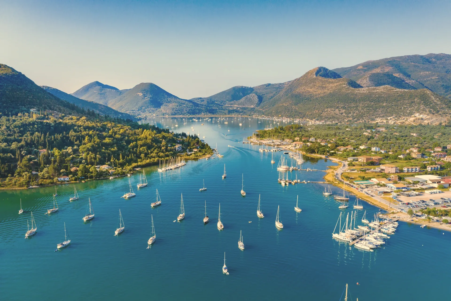 Aerial view of a green bay near Lefkada, Ionian Sea