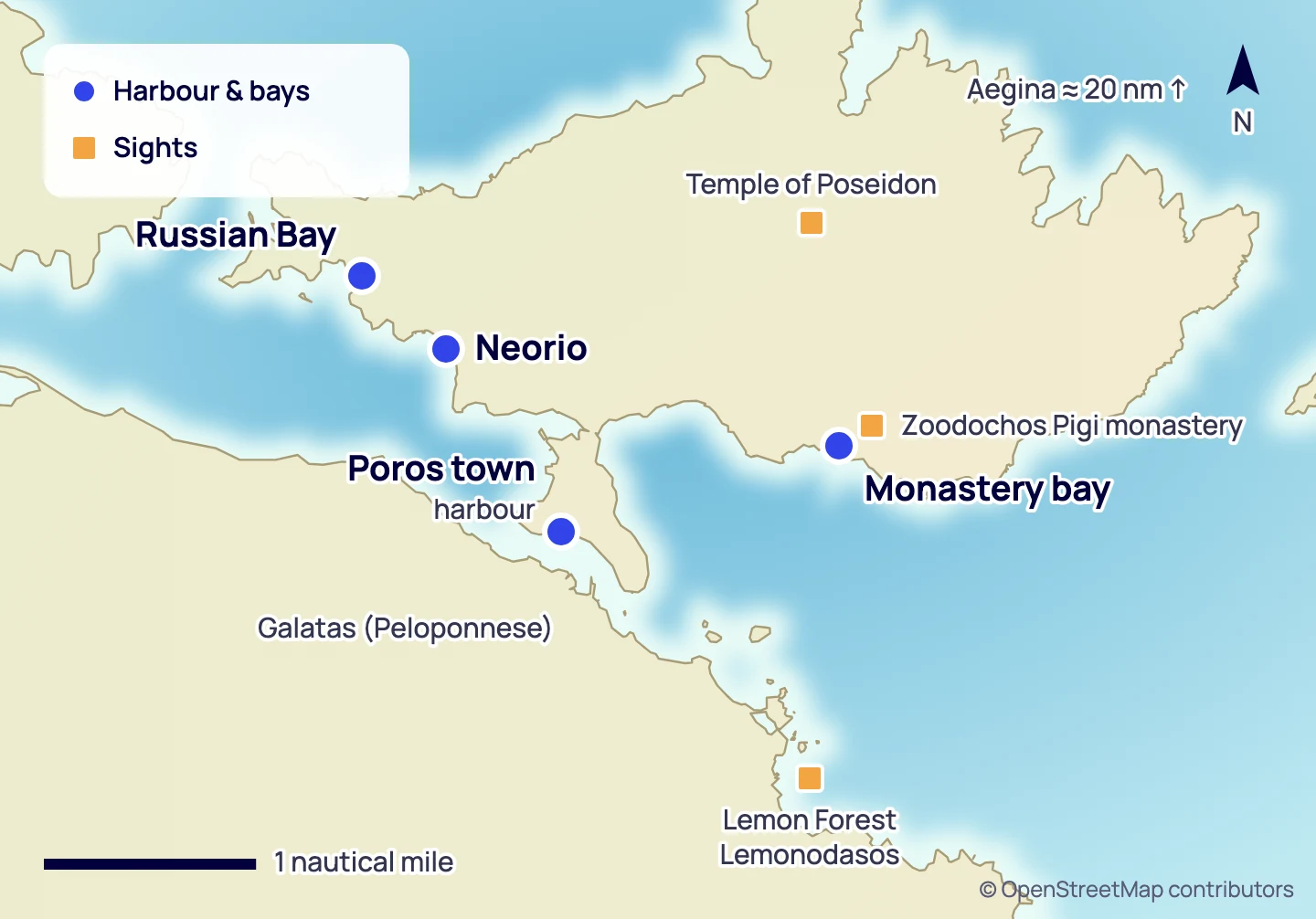 Map of Poros with the harbour, anchorages and sights around the channel